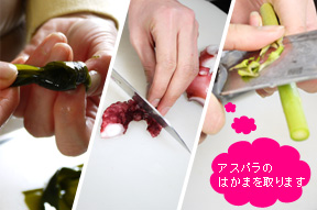 昆布は結んで結び昆布を作ります。タコは食べやすいように切れ目を入れます。アスパラははかまを取ります。