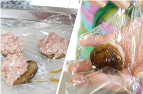 椎茸の裏に片栗粉を軽くまぶしてミンチを摘めます。